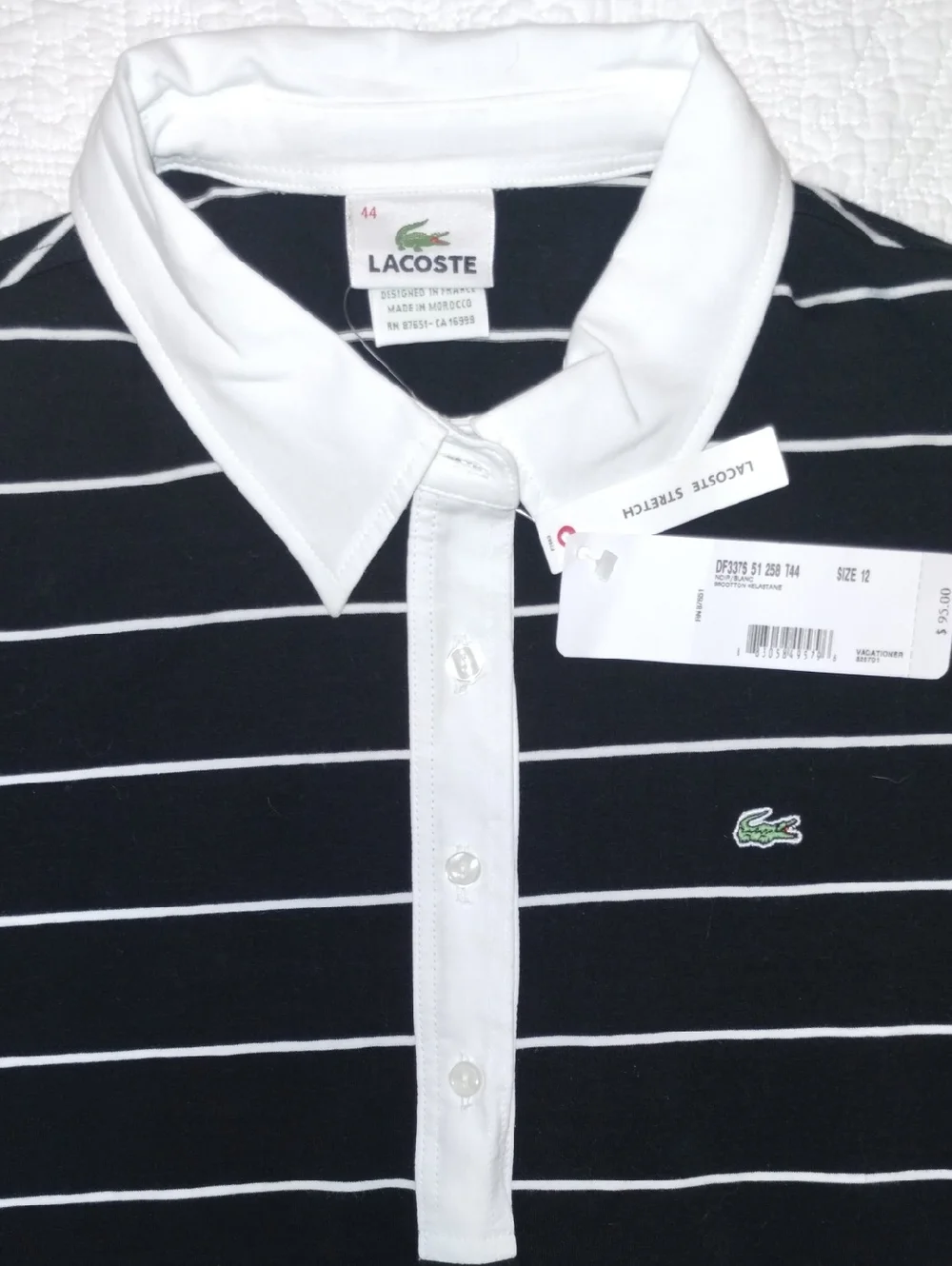 Lacoste Black Polo Top with White Stripes & White Collar - Picture 2 of 7